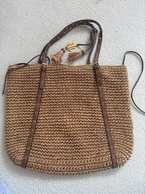 Ralph Lauren Tan Woven Tote with Tassel RL Charm